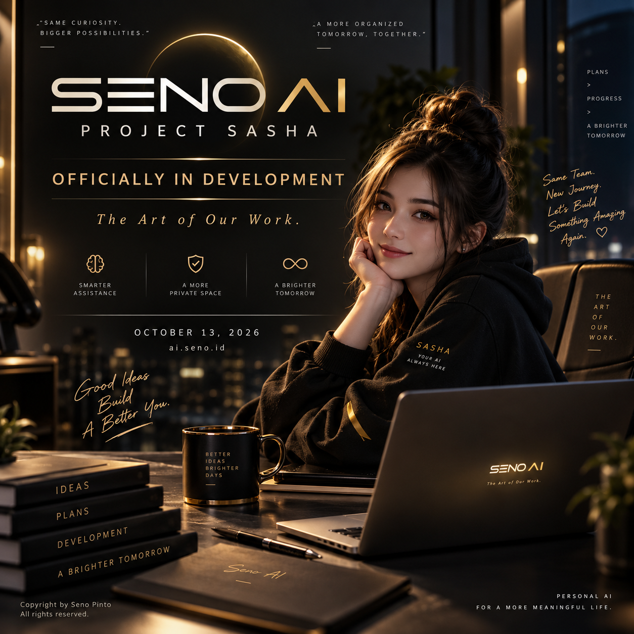 SENO AI / Project SASHA poster: a woman in a black SASHA hoodie at a desk, surrounded by warm gold light in a cinematic dark interior.